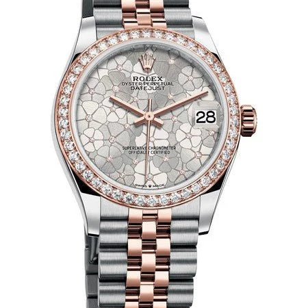Rolex Steel Gold Diamond Bezel Watch With Silver Floral Diamond Dial - Image 2